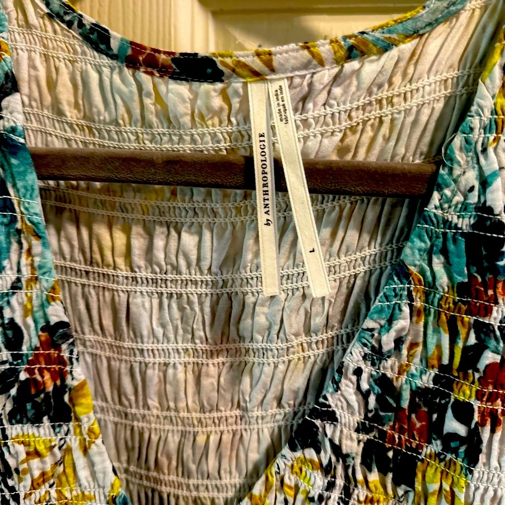 Anthropologie Teal and Yellow Smocked Dress
